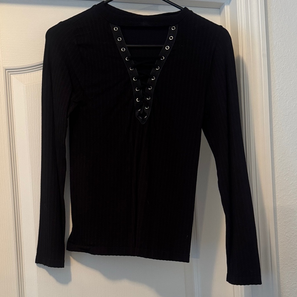 Chic Black Lace-Up Long Sleeve Top
